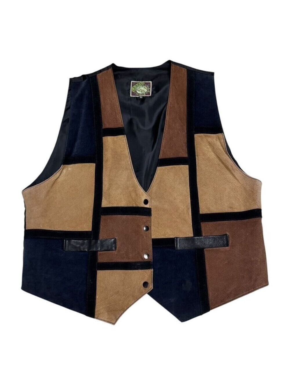 VINTAGE LEARSI Genuine Leather 90s Suede Patchwork Brown Casual Vest Womens 2X